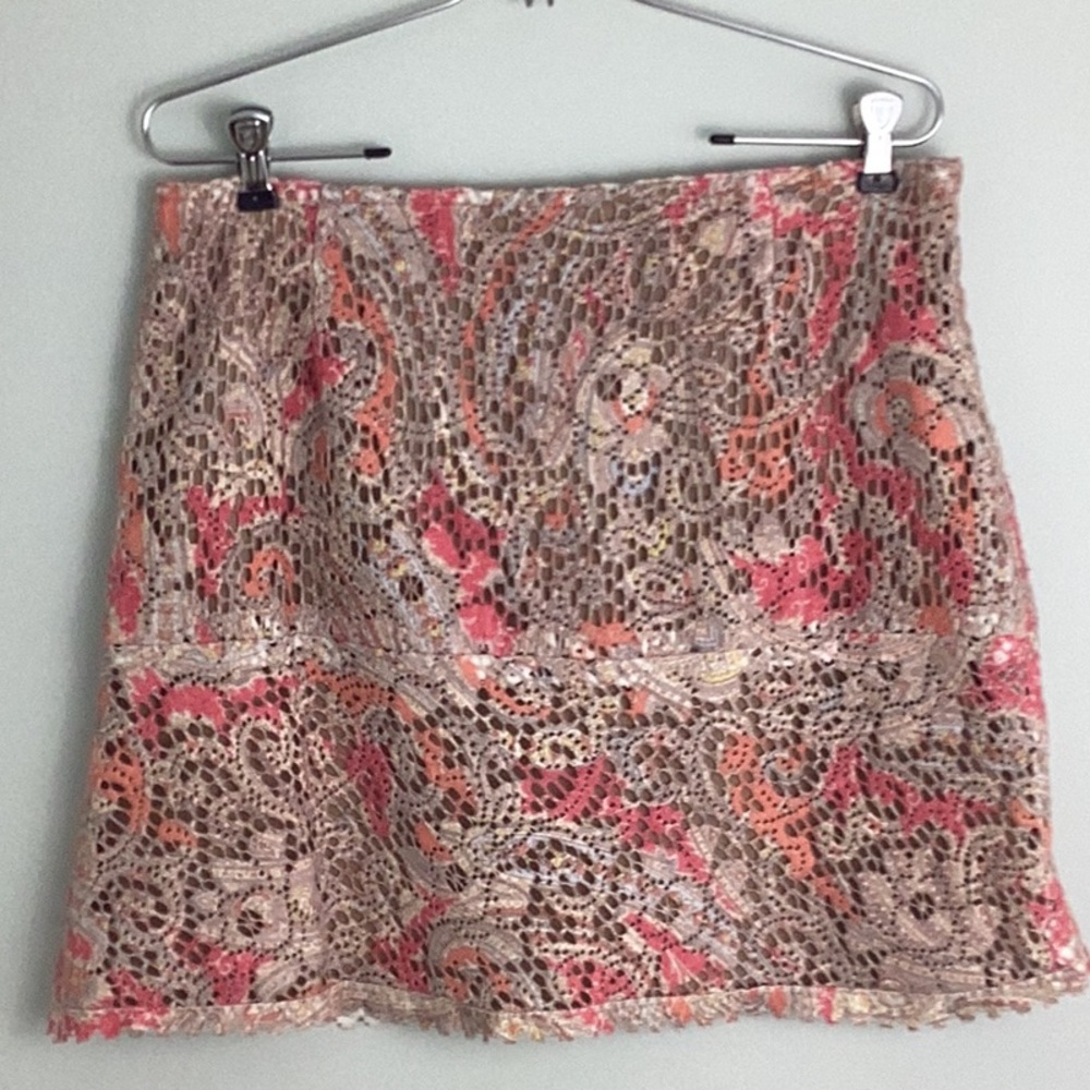 CYNTHIA Cynthia Steffe Tan/Pink Floral Lace Overlay Skirt